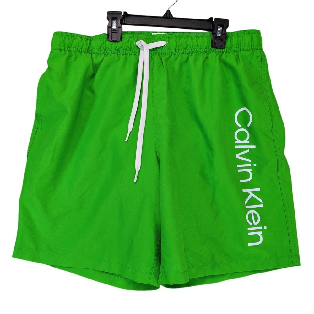 Calvin Klein Green Spellout Logo Swim Trunks Mens L Mesh Lined Resort Beach Y2K
